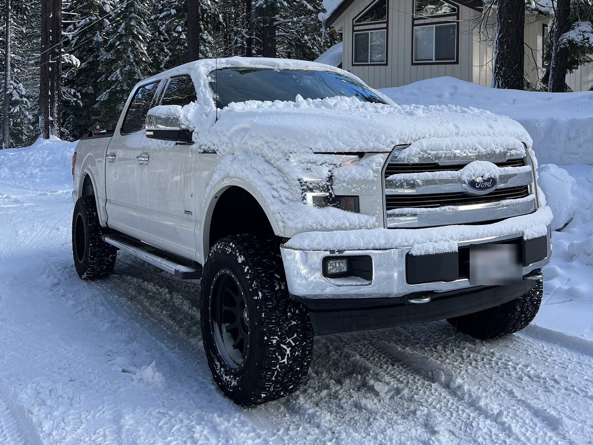 A white pickup truck buried in fresh snow
                                   under tall pines.